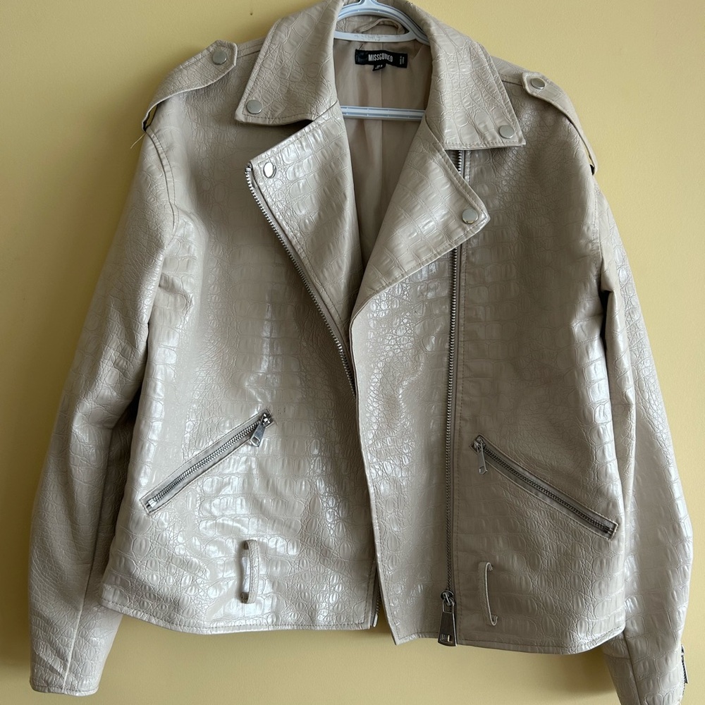 Missguided + Cream Leather Moto Jacket